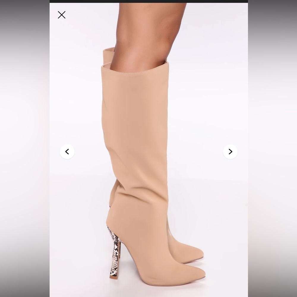 NWOT Fashion Nova Afternoon Bliss Heeled Boots nude with snake print heel size 9